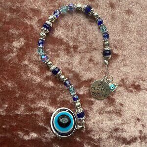 Handmade Dangle Charm Beaded Crystal & Sterling Silver Blue All Seeing Evil Eye